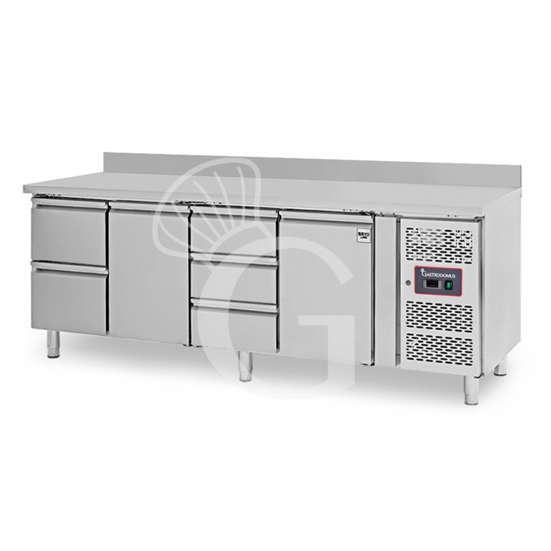 Mesa Refrigerada para gastronomía 5 cajones 2 puertas 700 mm -2°C/+8°C, peto trasero