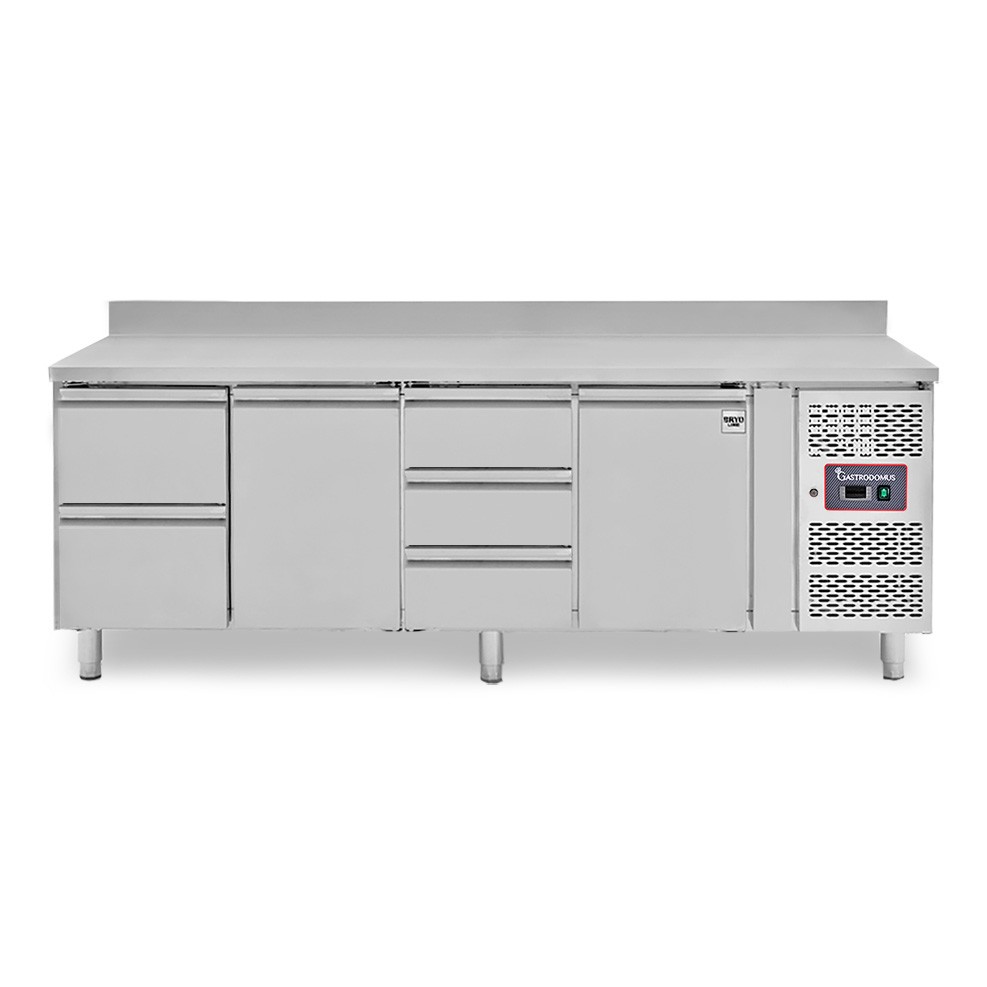 Mesa Refrigerada para gastronomía 5 cajones 2 puertas 700 mm -2°C/+8°C, peto trasero