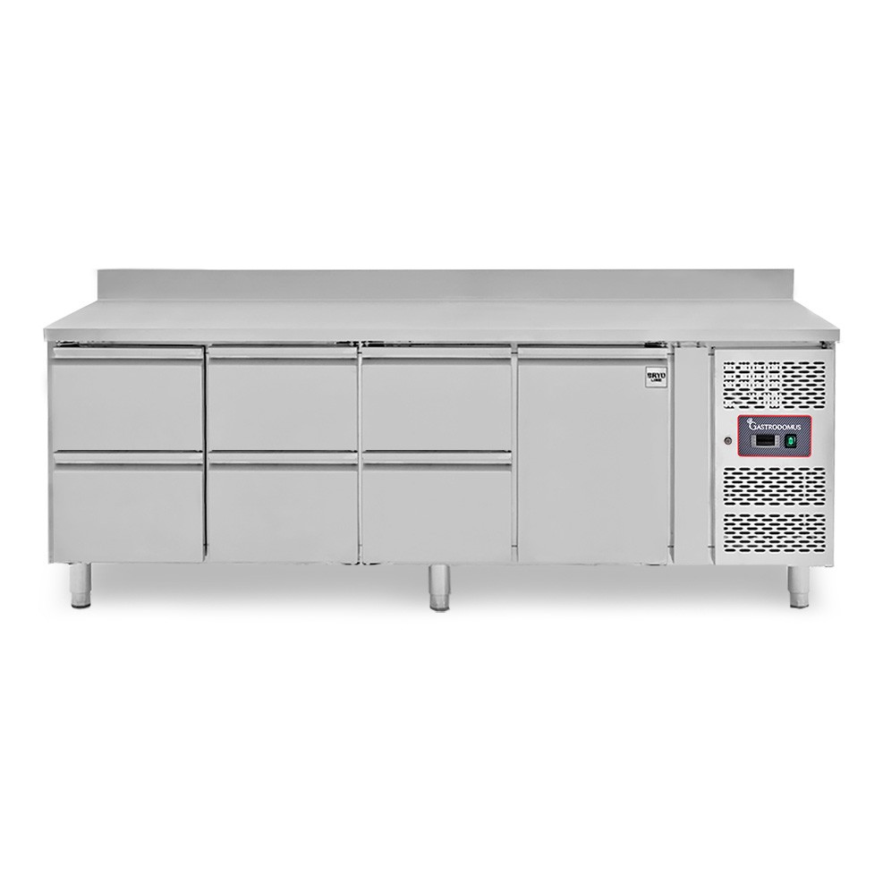 Mesa refrigerada para gastronomía 6 cajones 1 puerta 700 mm -2°C/+8°C, peto trasero