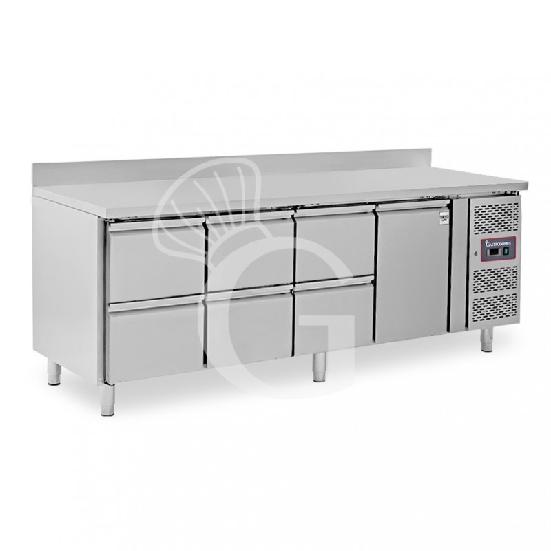 Mesa refrigerada para gastronomía 6 cajones 1 puerta 700 mm -2°C/+8°C, peto trasero