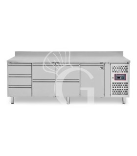 Mesa refrigerada para gastronomía 7 cajones 1 puerta 700 mm -2°C/+8°C, peto trasero