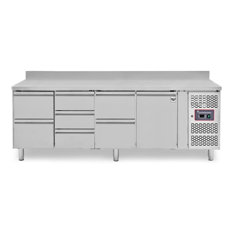 Mesa refrigerada para gastronomía 7 cajones 1 puerta 700 mm -2°C/+8°C, peto trasero