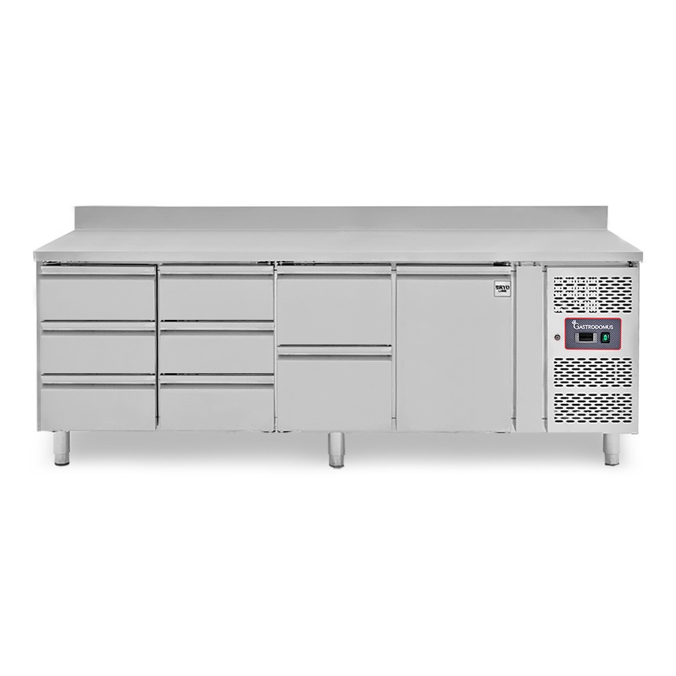Mesa refrigerada para gastronomía 8 cajones 1 puerta 700 mm -2°C/+8°C, peto trasero