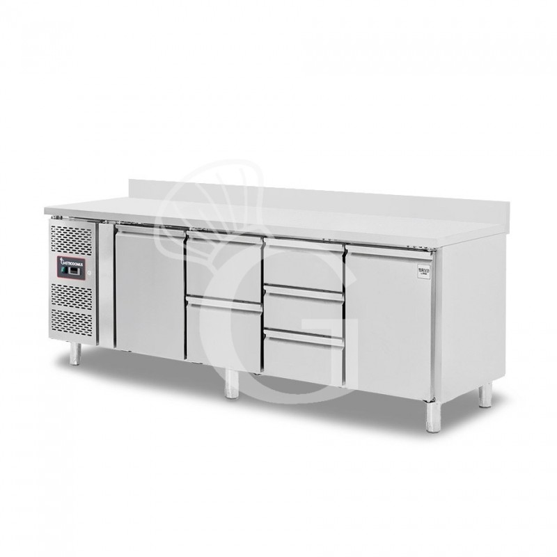 Mesa Refrigerada 5 Cajones 2 Puertas 700 mm de profundidad -2°C/+8°C, peto trasero, Motor a la Izquierda