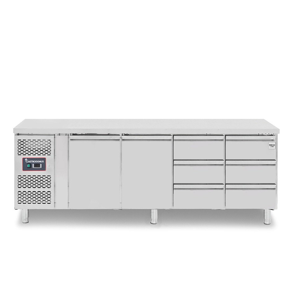 Mesa refrigerada con 2 puertas a la izquierda, 6 cajones de 1/3, profundidad 700 mm, temperatura -2°C/+8°C, motor a la izquierda