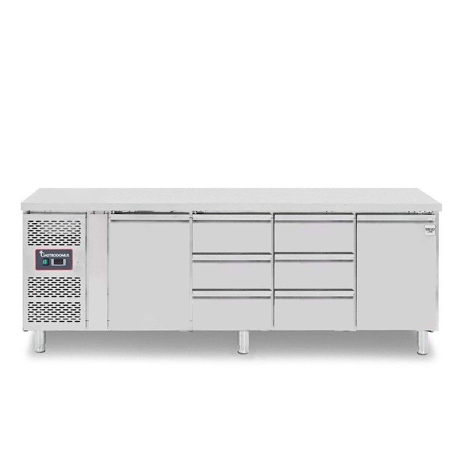 Mesa refrigerada con 2 puertas, 6 cajones de 1/3, profundidad 700 mm, temperatura -2°C/+8°C, motor a la izquierda