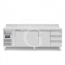 Mesa Refrigerada 3 Cajones 3 Puertas 700 mm de profundidad -2°C/+8°C, peto trasero, Motor a la Izquierda