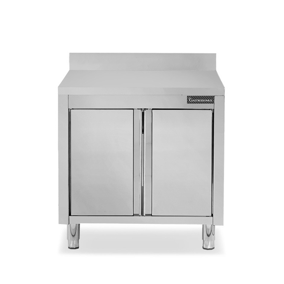 Mesa mural de acero inoxidable 2 puertas batientes y peto L 900 mm x P 600 mm x A 950 mm