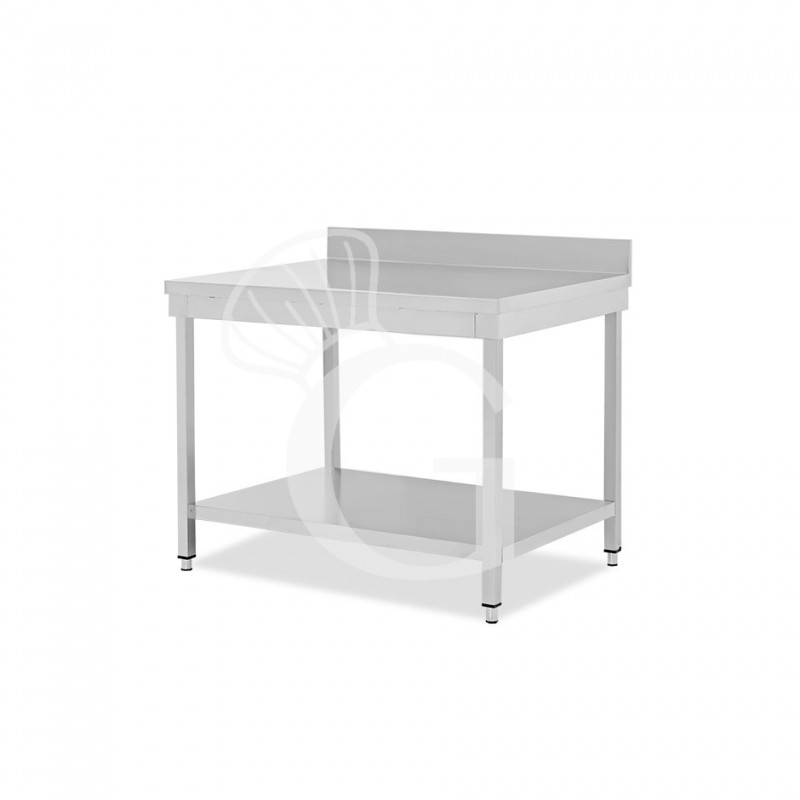 Mesa de trabajo de acero inoxidable con estante inferior y peto con dimensiones L 700 mm x P 600 mm x A 965 mm