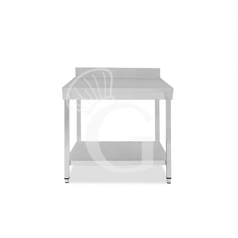 Mesa de trabajo de acero inoxidable con estante inferior y peto con dimensiones L 700 mm x P 600 mm x A 965 mm