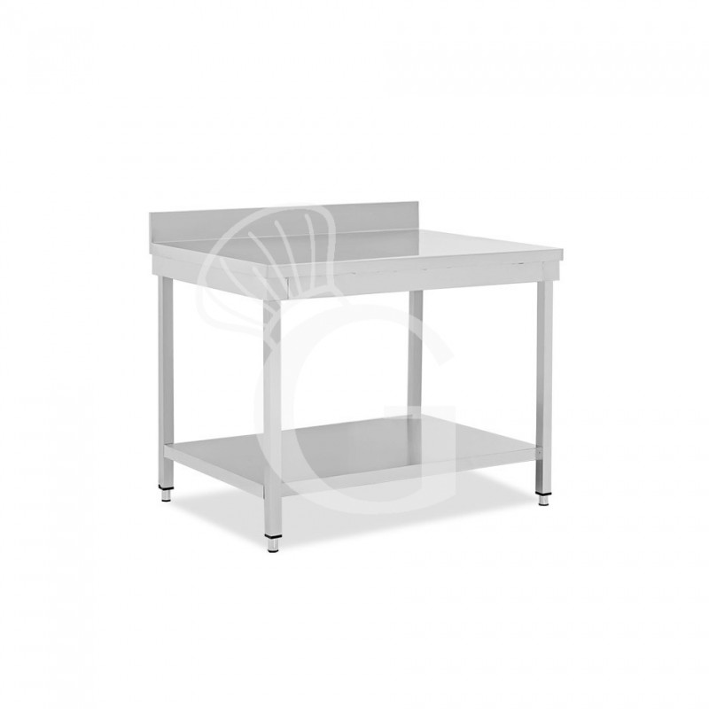 Mesa de trabajo de acero inoxidable con estante inferior y peto con dimensiones L 700 mm x P 600 mm x A 965 mm