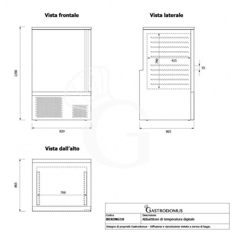 Abatidor de temperatura digital de acero inoxidable para 10 bandejas/rejillas GN 1/1 o 600x400mm, -18°/0°C, con ruedas montadas