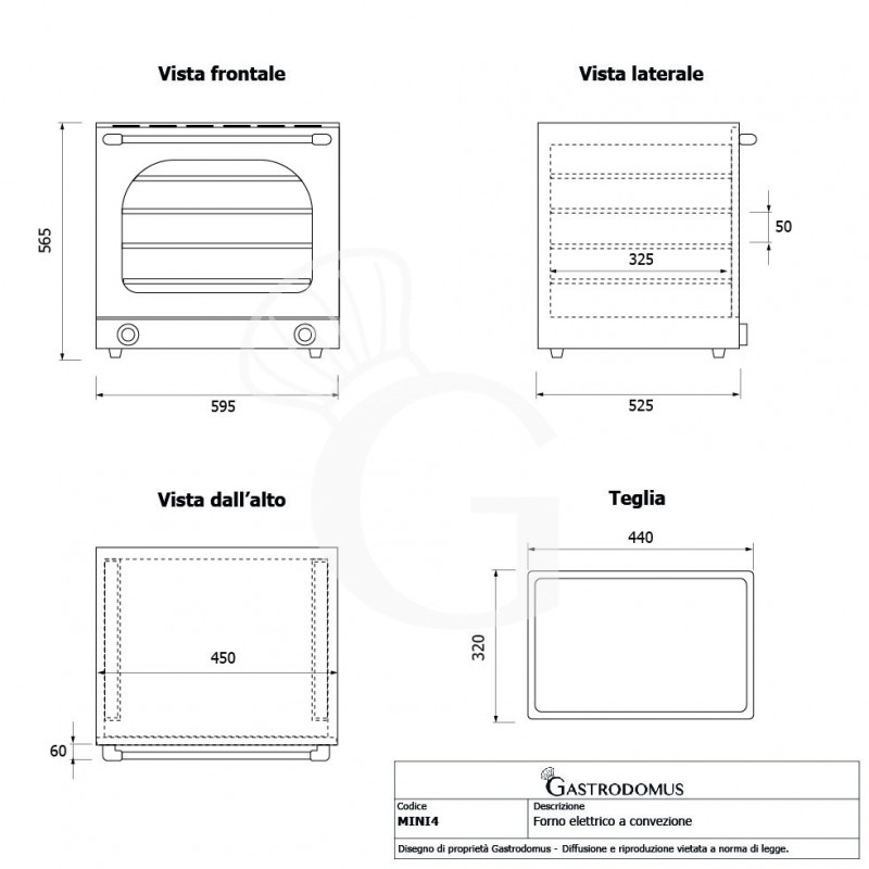 Horno eléctrico de convección, puerta abatible, controles mecánicos, 4 rejillas 435x315 mm, potencia 2,67 kw