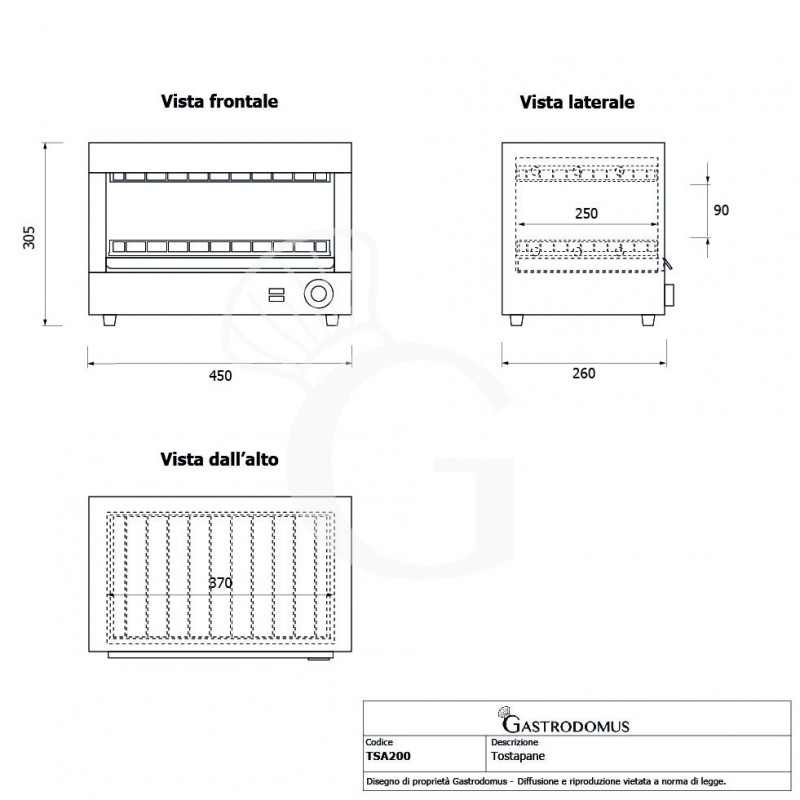 Tostadora profesional monofásica L 490 mm x P 260 mm x A 300 mm 3 pinzas bandeja para migas