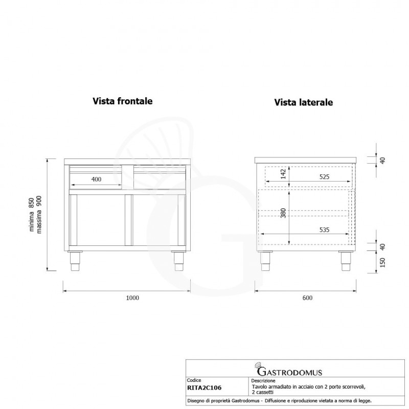 Mesa mural de acero inoxidable 2 puertas correderas, 2 cajones L 1000 mm x P 600 mm x A 850 mm