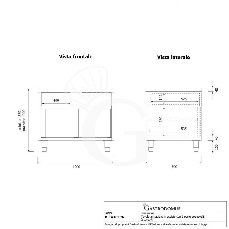 Mesa mural de acero inoxidable 2 puertas correderas, 2 cajones L 1200 mm x P 600 mm x A 850 mm