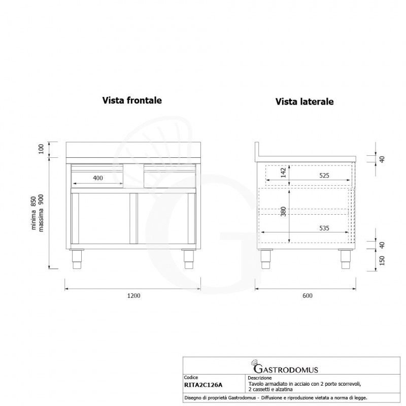 Mesa mural de acero inoxidable 2 puertas correderas, 2 cajones y peto L 1200 mm x P 600 mm x A 950 mm