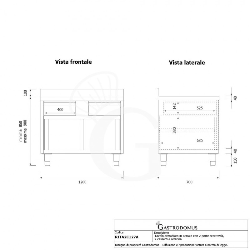 Mesa mural de acero inoxidable 2 puertas correderas, 2 cajones y peto L 1200 mm x P 700 mm x A 950 mm