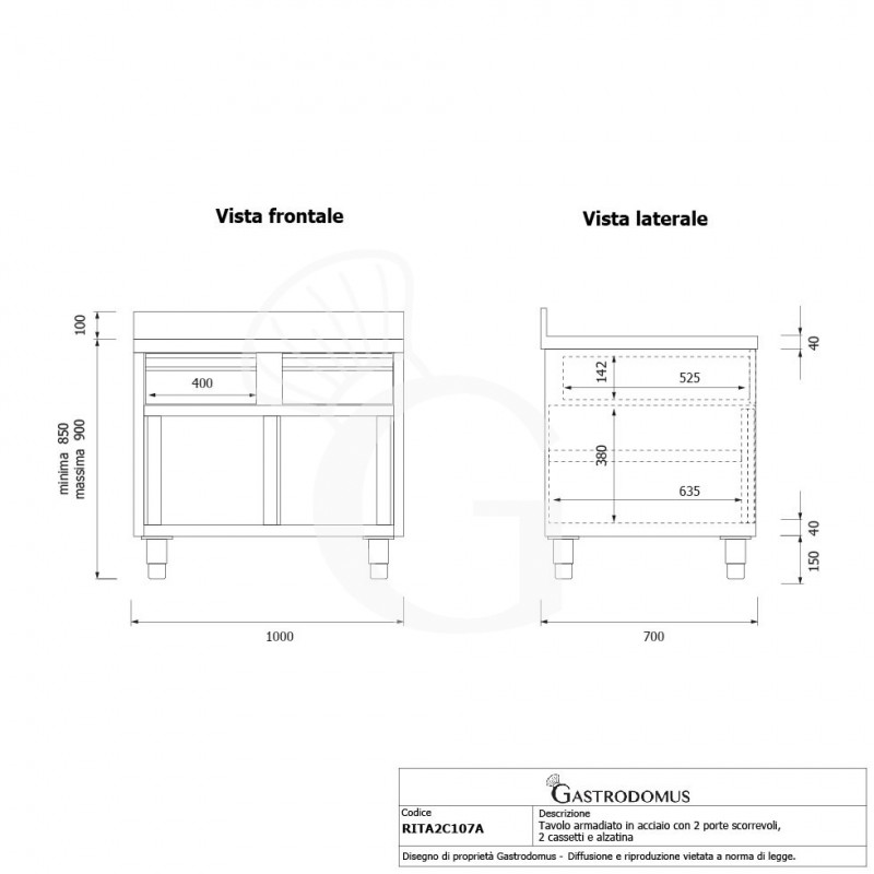 Mesa mural de acero inoxidable 2 puertas correderas, 2 cajones y peto L 1000 mm x P 700 mm x A 950 mm