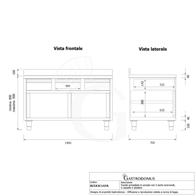 Mesa mural de acero inoxidable 2 puertas correderas, 3 cajones y peto L 1400 mm x P 700 mm x A 950 mm