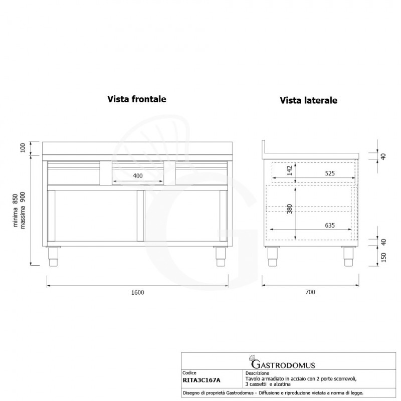 Mesa mural de acero inoxidable 2 puertas correderas, 3 cajones y peto L 1600 mm x P 700 mm x A 950 mm