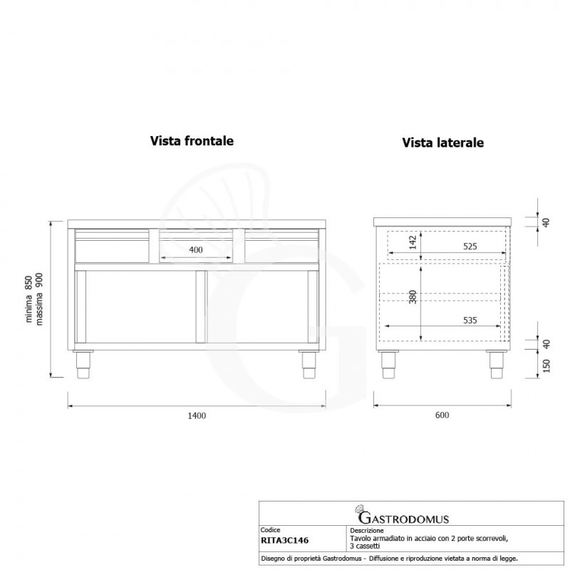 Mesa mural de acero inoxidable 2 puertas correderas, 3 cajones L1400 mm x P 600 mm x A 850 mm