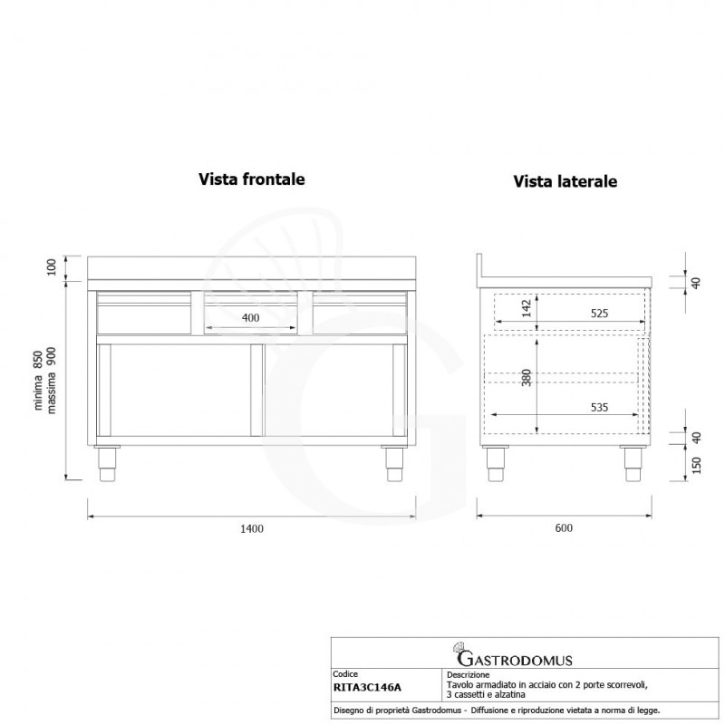 Mesa mural de acero inoxidable 2 puertas correderas, 3 cajones y peto L 1400 mm x P 600 mm x A 950 mm