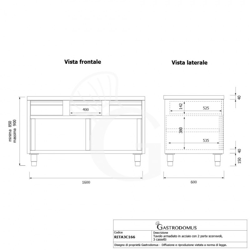 Mesa mural de acero inoxidable 2 puertas correderas, 3 cajones L 1600 mm x P 600 mm x A 850 mm