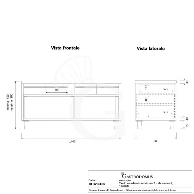 Mesa mural de acero inoxidable 2 puertas correderas, 4 cajones L 1800 mm x P 600 mm x A 850 mm