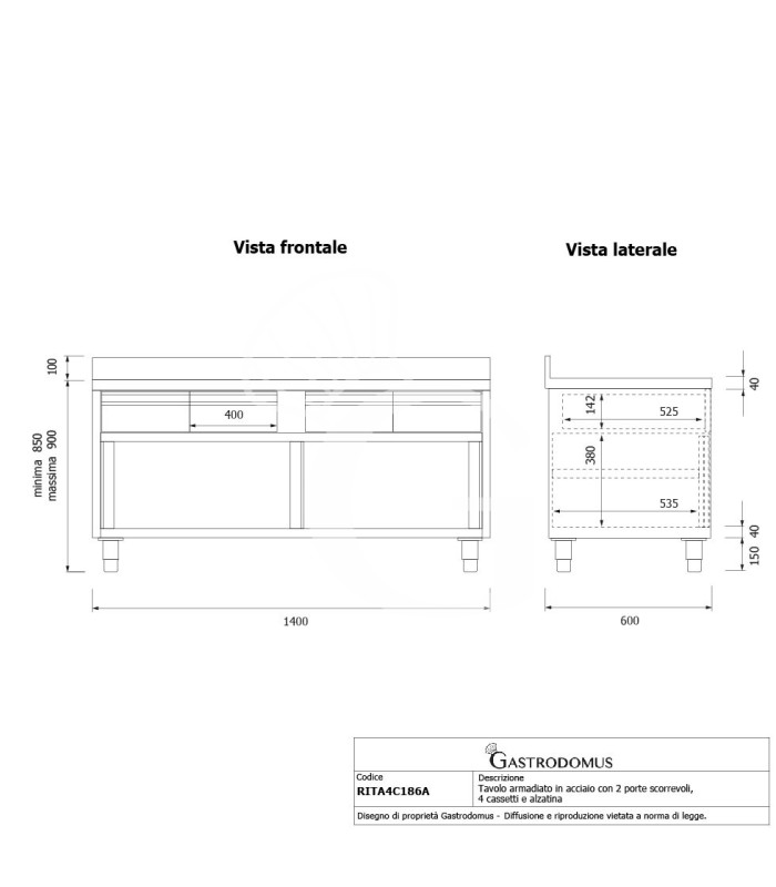 Mesa mural de acero inoxidable 2 puertas correderas, 4 cajones y peto L 1800 mm x P 600 mm x A 950 mm