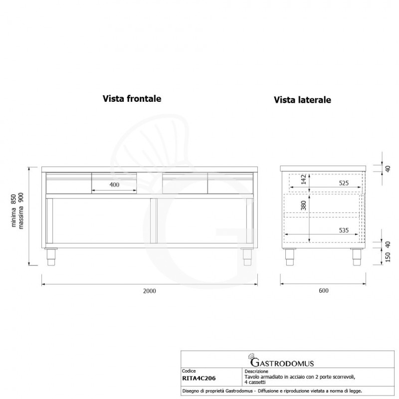 Mesa mural de acero inoxidable 2 puertas correderas, 4 cajones L 2000 mm x P 600 mm x A 850 mm