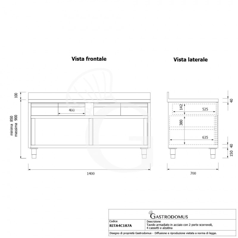 Mesa mural de acero inoxidable 2 puertas correderas, 4 cajones y peto L 1800 mm x P 700 mm x A 950 mm