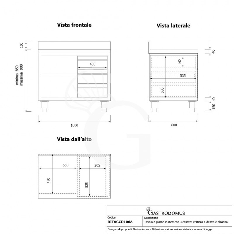 Mesa contrabarra de acero inoxidable 3 cajones a la derecha y peto L 1000 mm x P 600 mm x A 950 mm