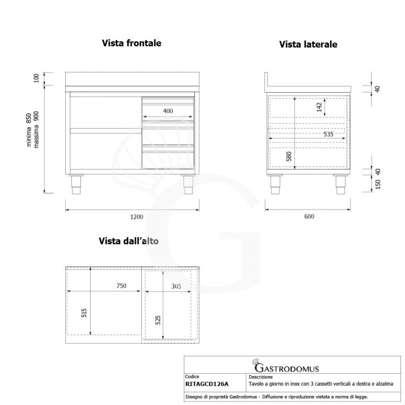 Mesa contrabarra de acero inoxidable 3 cajones a la derecha y peto L 1200 mm x P 600 mm x A 950 mm