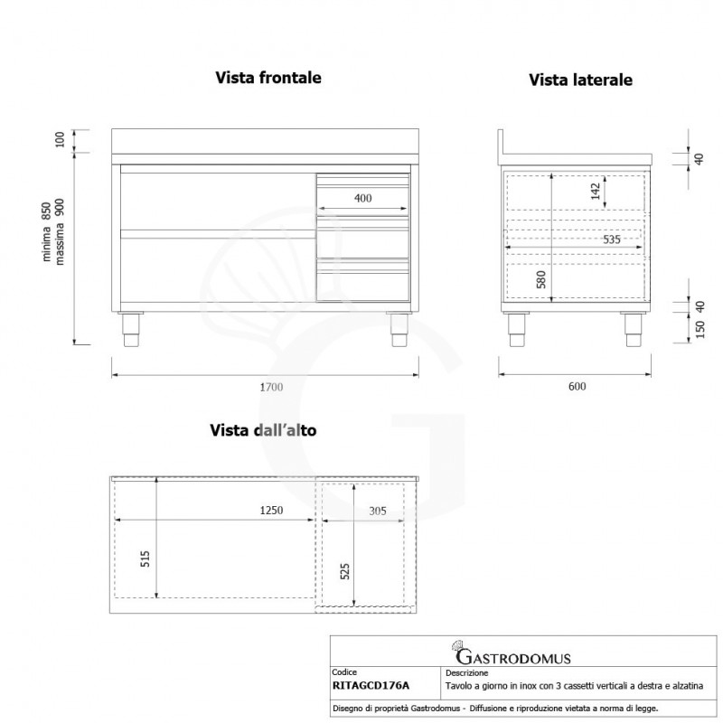 Mesa contrabarra de acero inoxidable 3 cajones a la derecha y peto L 1700 mm x P 600 mm x A 950 mm
