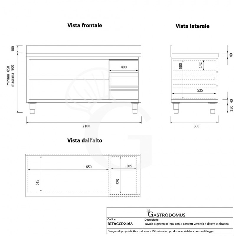 Mesa contrabarra de acero inoxidable 3 cajones a la derecha y peto L 2100 mm x P 600 mm x A 950 mm