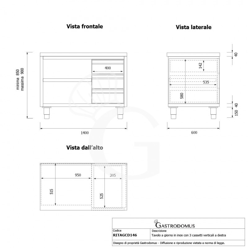 Mesa contrabarra de acero inoxidable 3 cajones en el lado derecho L 1400 mm x P 600 mm x A 850 mm