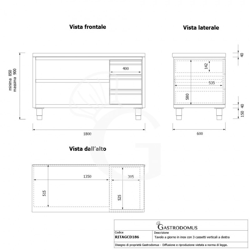 Mesa contrabarra de acero inoxidable 3 cajones en el lado derecho L 1800 mm x P 600 mm x A 850 mm