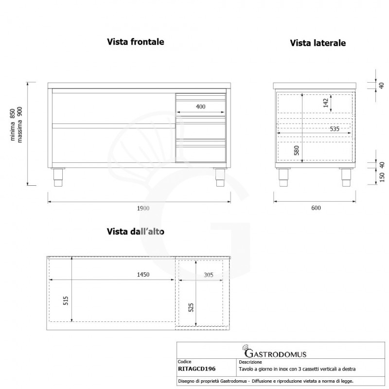 Mesa contrabarra de acero inoxidable 3 cajones en el lado derecho L 1900 mm x P 600 mm x A 850 mm