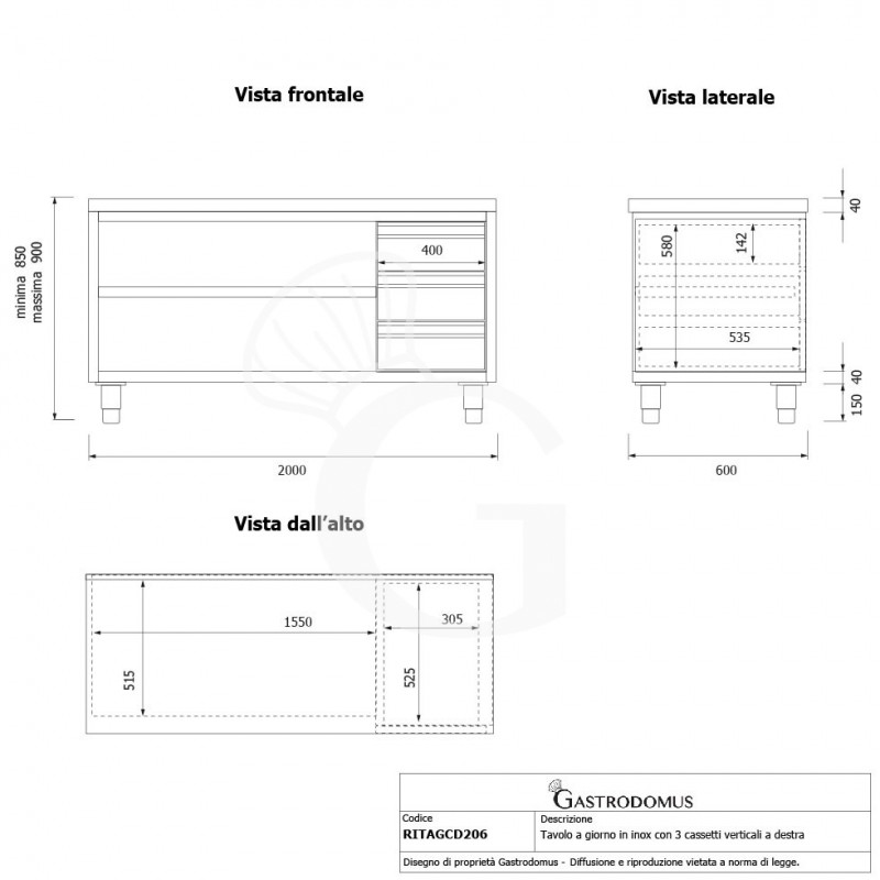 Mesa contrabarra de acero inoxidable 3 cajones en el lado derecho L 2000 mm x P 600 mm x A 850 mm