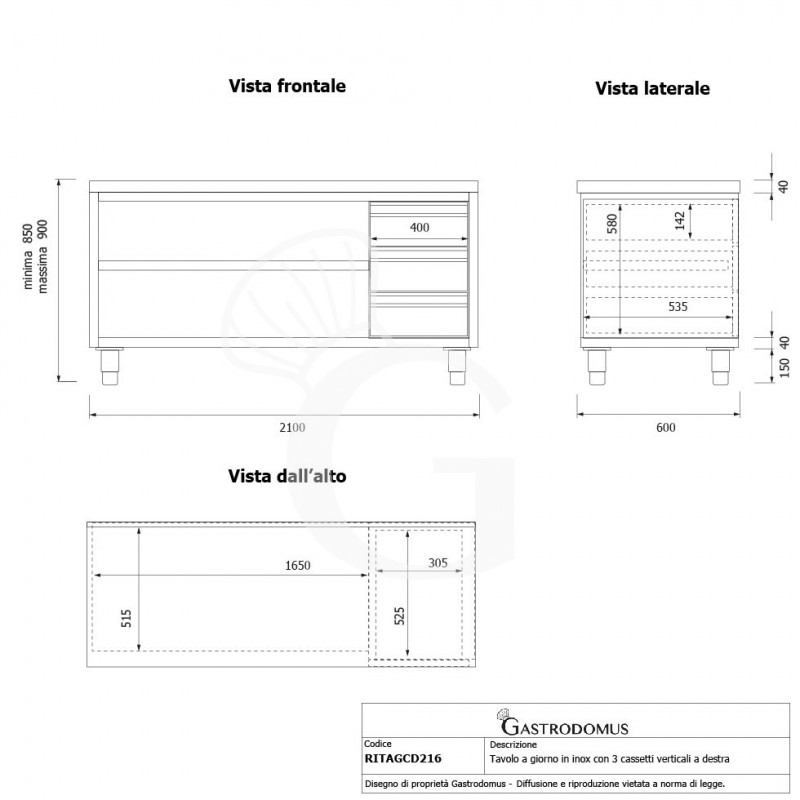 Mesa contrabarra de acero inoxidable 3 cajones en el lado derecho L 2100 mm x P 600 mm x A 850 mm