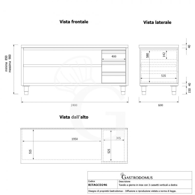 Mesa contrabarra de acero inoxidable 3 cajones en el lado derecho L 2400 mm x P 600 mm x A 850 mm