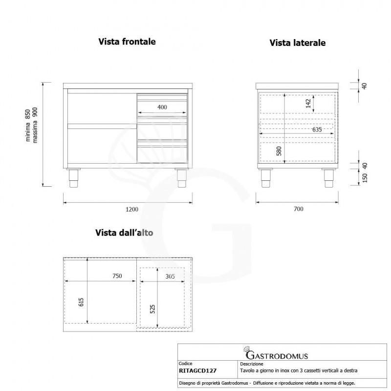 Mesa contrabarra de acero inoxidable 3 cajones en el lado derecho L 1200 mm x P 700 mm x A 850 mm