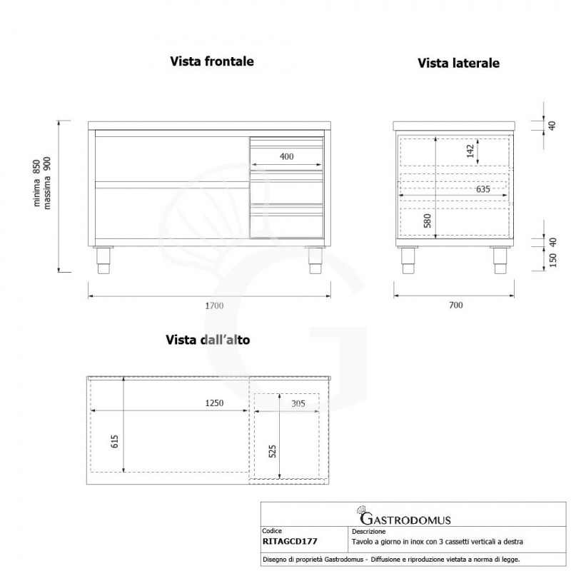 Mesa contrabarra de acero inoxidable 3 cajones en el lado derecho L 1700 mm x P 700 mm x A 850 mm