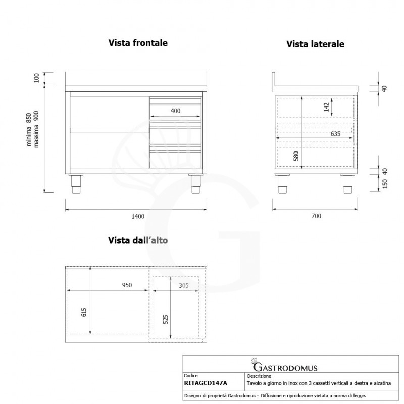 Mesa contrabarra de acero inoxidable 3 cajones a la derecha y peto L 1400 mm x P 700 mm x A 950 mm