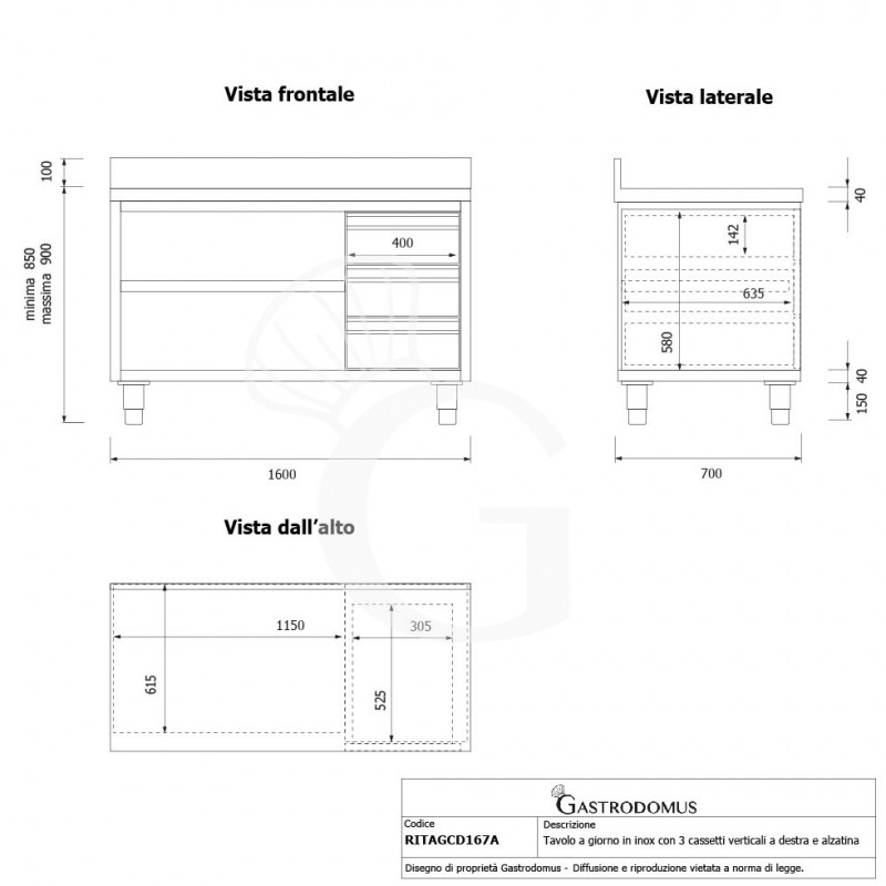 Mesa contrabarra de acero inoxidable 3 cajones a la derecha y peto L 1600 mm x P 700 mm x A 950 mm