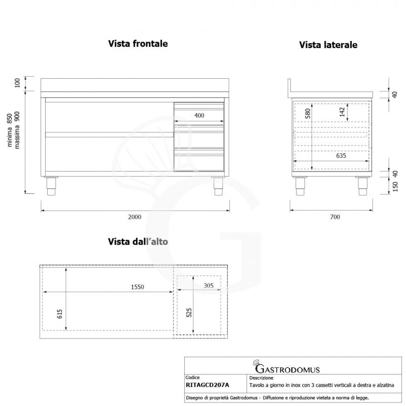 Mesa contrabarra de acero inoxidable 3 cajones a la derecha y peto L 2000 mm x P 700 mm x A 950 mm