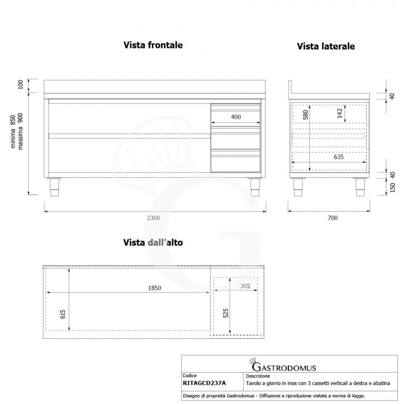 Mesa contrabarra de acero inoxidable 3 cajones a la derecha y peto L 2300 mm x P 700 mm x A 950 mm