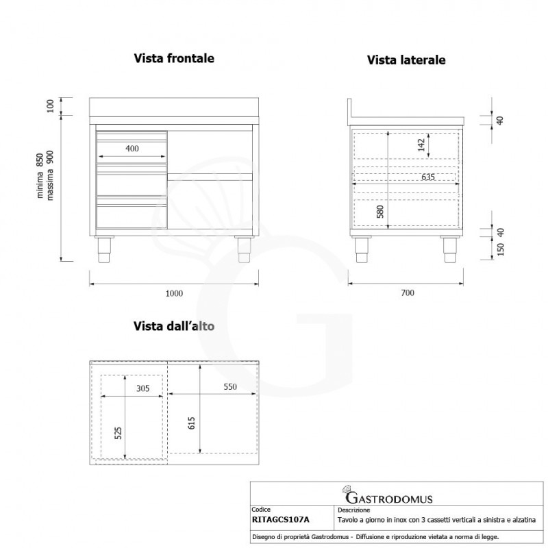 Mesa contrabarra de acero inoxidable 3 cajones a la izquierda y peto L 1000 mm x P 700 mm x A 950 mm