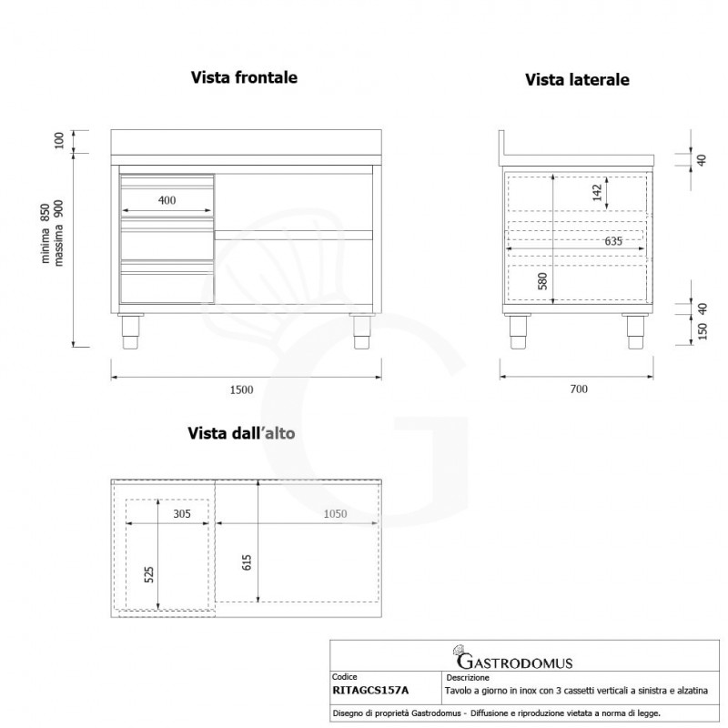 Mesa contrabarra de acero inoxidable 3 cajones a la izquierda y peto L 1500 mm x P 700 mm x A 950 mm
